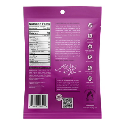PREVAIL Taco Tuesday Beef Jerky back with Nutrition Facts, ingredients, cherry wood smoked and paleo certified badges