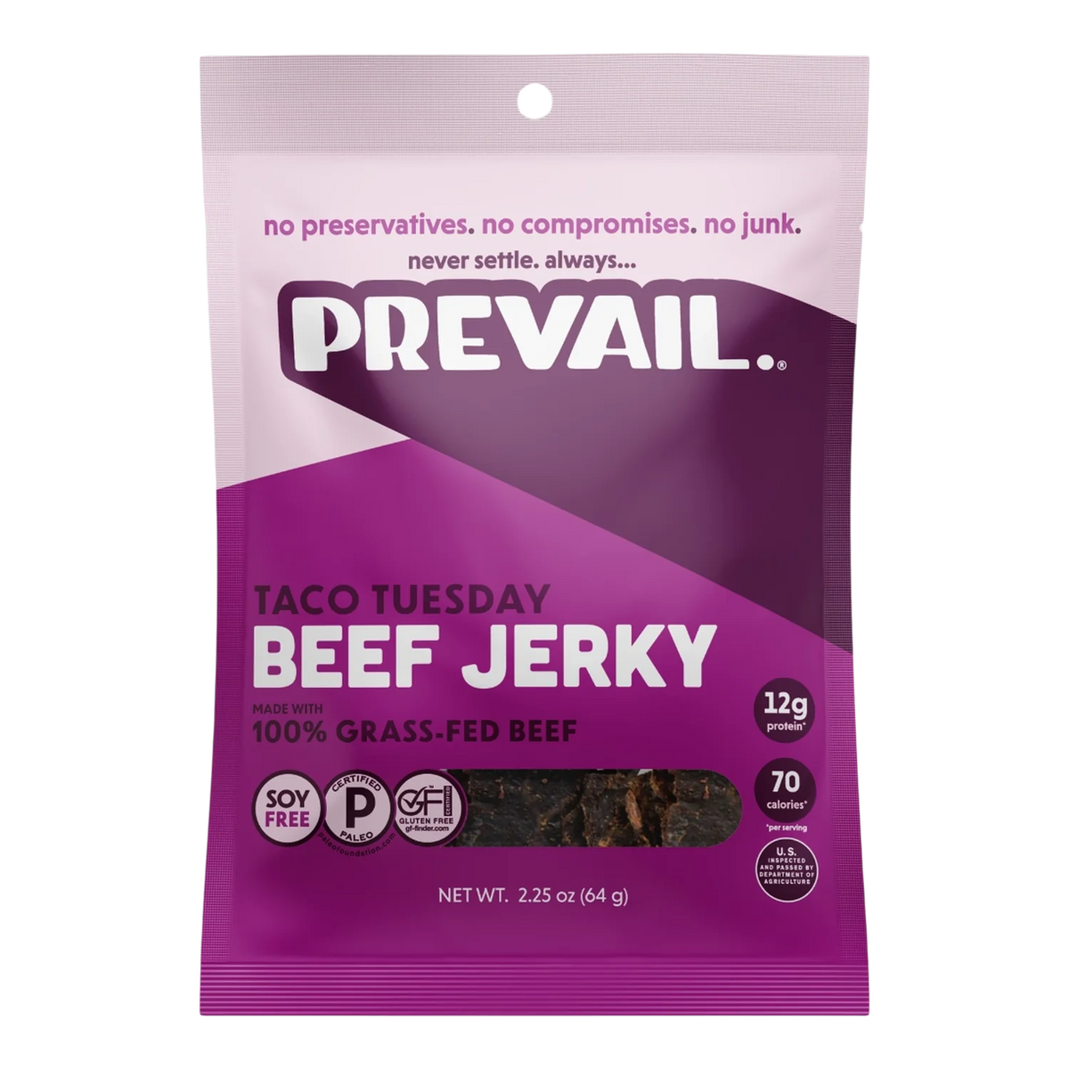 PREVAIL Taco Tuesday Beef Jerky front, purple bag with window showing dark brown grass-fed beef jerky pieces