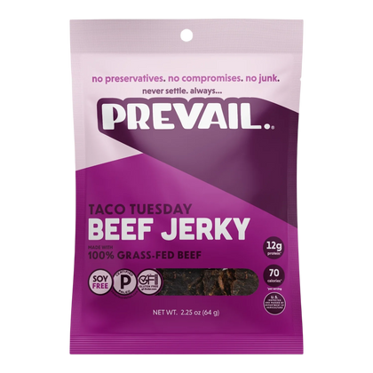 PREVAIL Taco Tuesday Beef Jerky front, purple bag with window showing dark brown grass-fed beef jerky pieces