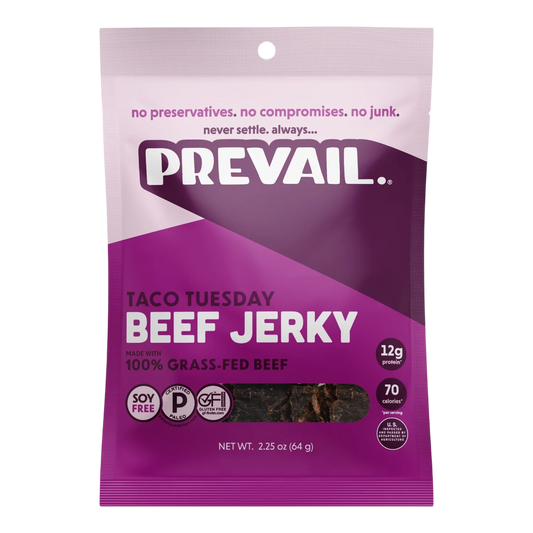 PREVAIL Taco Tuesday Beef Jerky front, purple bag with window showing dark brown grass-fed beef jerky pieces