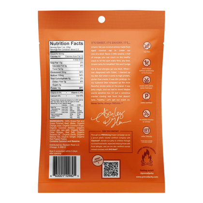 Back of PREVAIL Umami Beef Jerky bag with nutrition facts, ingredients, allergen statement and certification badges