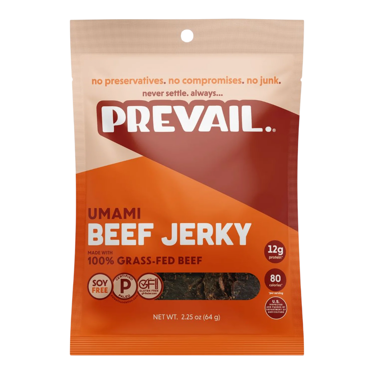 Front of orange and cream PREVAIL Umami Beef Jerky bag, dark brown jerky pieces visible through the window