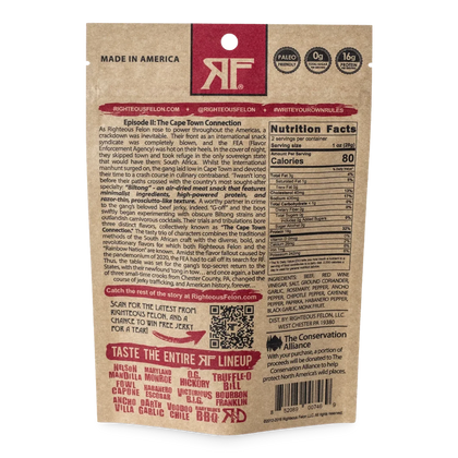 Righteous Felon Ancho Villa Biltong back of bag with Cape Town Connection story, nutrition facts and ingredients