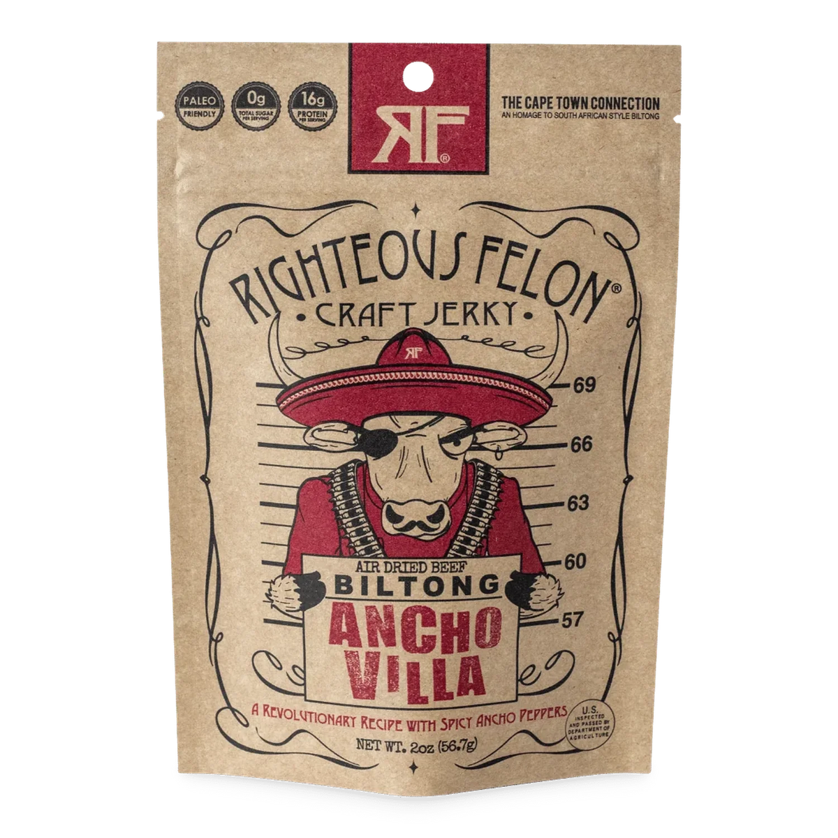 Righteous Felon Ancho Villa Biltong front of kraft bag with sombrero-wearing bull mugshot artwork