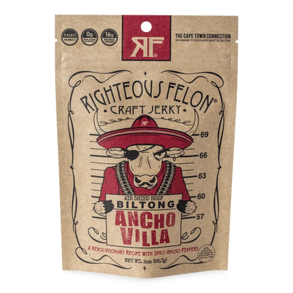 Righteous Felon Ancho Villa Biltong front of kraft bag with sombrero-wearing bull mugshot artwork