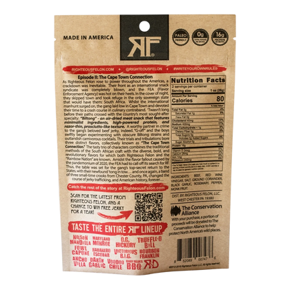 Righteous Felon Darth Garlic Biltong back of bag with Cape Town Connection story, nutrition facts and ingredients