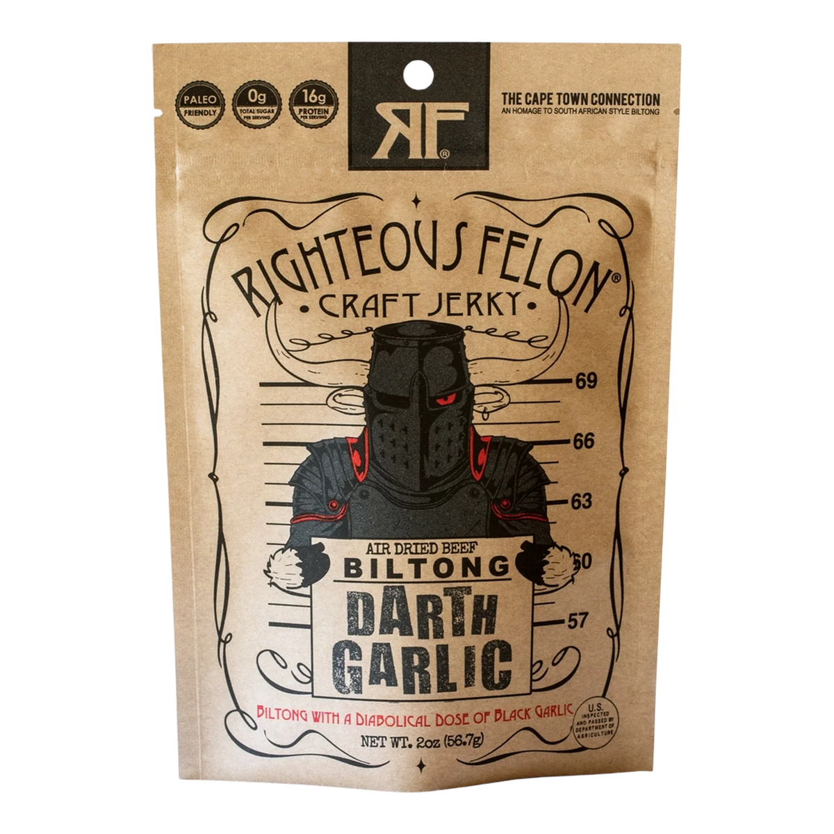 Righteous Felon Darth Garlic Biltong front of kraft bag with black-armored knight mugshot artwork