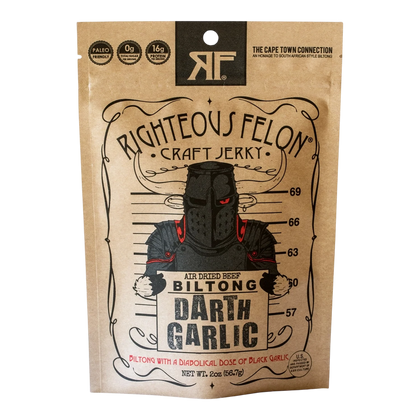 Righteous Felon Darth Garlic Biltong front of kraft bag with black-armored knight mugshot artwork