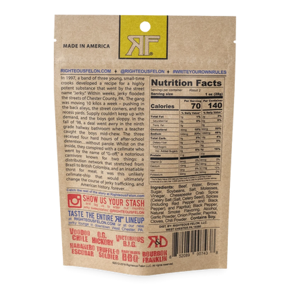 Righteous Felon Maryland Monroe Beef Jerky back: brand story, nutrition facts, ingredients, Contains Soy, Made in America