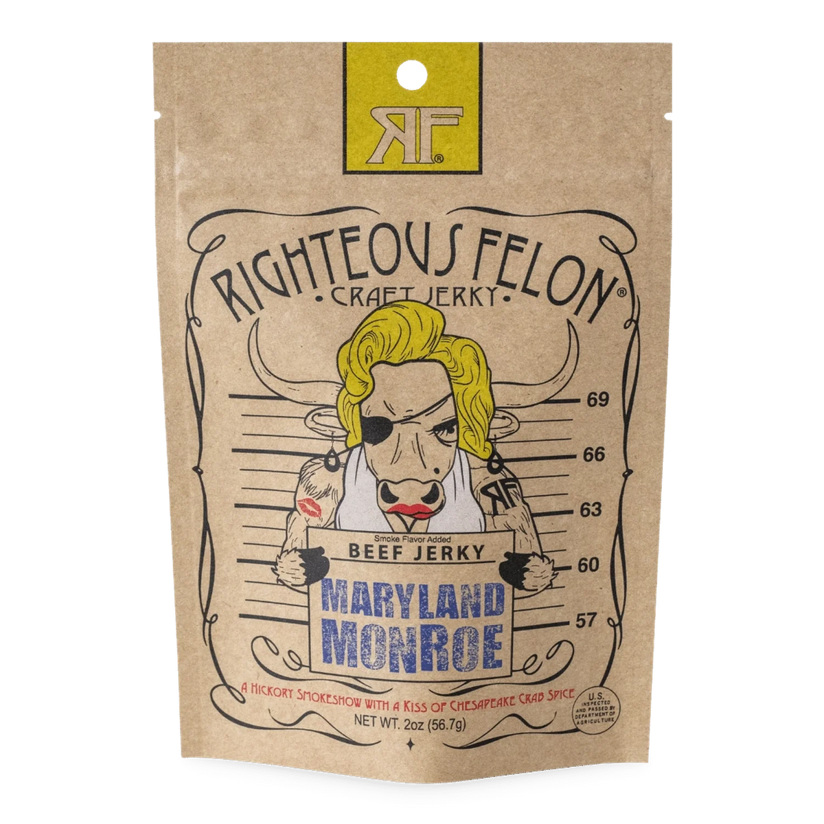 Righteous Felon Maryland Monroe Beef Jerky front: kraft bag, mugshot bull with blonde curls holding flavor sign, no window