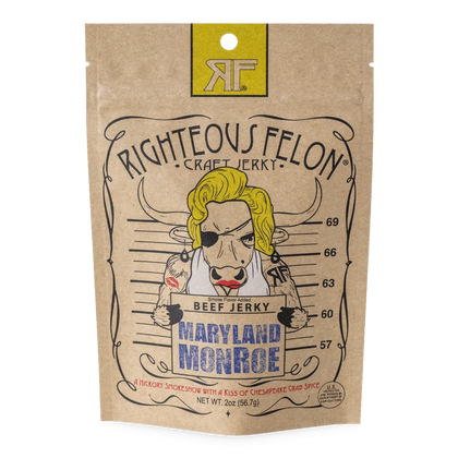 Righteous Felon Maryland Monroe Beef Jerky front: kraft bag, mugshot bull with blonde curls holding flavor sign, no window