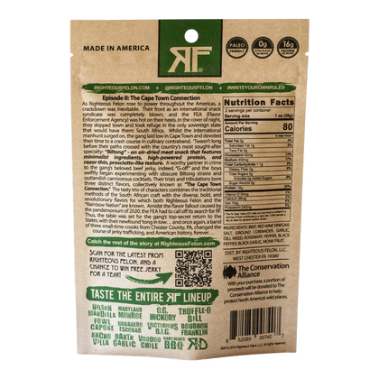 Righteous Felon Nelson Mandilla Biltong back: Cape Town Connection story, nutrition facts, ingredients, RF flavor lineup