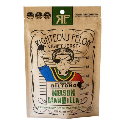 Righteous Felon Nelson Mandilla Biltong front: kraft bag with bull mugshot art, cracked pepper and dill tagline