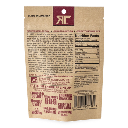 Righteous Felon O.G. Hickory Beef Jerky back of bag with brand story, nutrition facts, ingredients and full flavor lineup