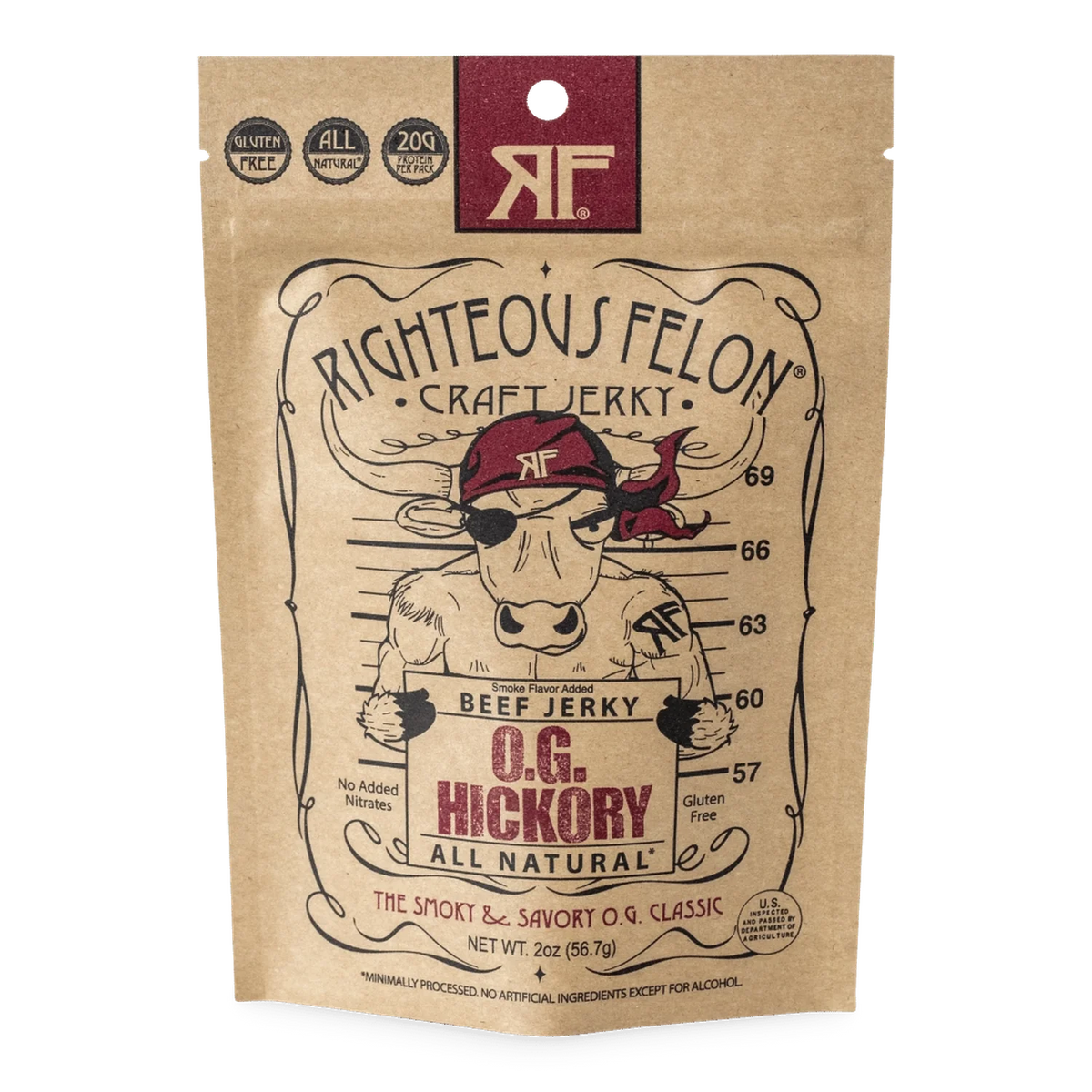 Righteous Felon O.G. Hickory Beef Jerky front of kraft bag with bull mugshot illustration, All Natural and Gluten Free badges