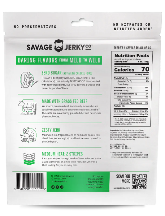 Savage Jerky Co - Zesty Jerk Grass Fed Beef Jerky
