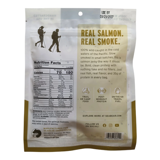 SeaBear Smokehouse Peppered Wild King Salmon Jerky bag back with nutrition facts, ingredients and fish allergen statement