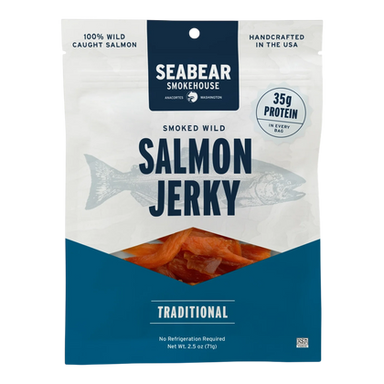 SeaBear Smokehouse Traditional Smoked Wild Salmon Jerky bag, front, with orange salmon strips visible in the window