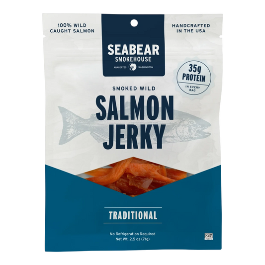 SeaBear Smokehouse Traditional Smoked Wild Salmon Jerky bag, front, with orange salmon strips visible in the window