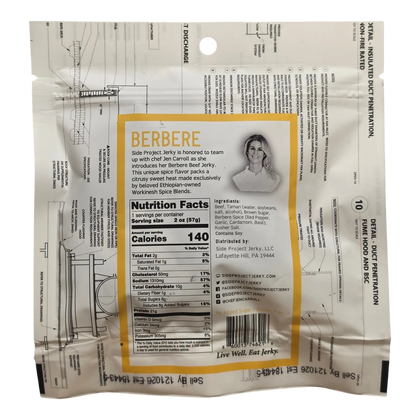 Side Project Jerky Berbere Flavor Beef Jerky bag back with Jen Carroll blurb, Nutrition Facts, ingredients and Contains Soy