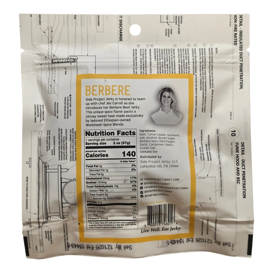 Side Project Jerky Berbere Flavor Beef Jerky bag back with Jen Carroll blurb, Nutrition Facts, ingredients and Contains Soy