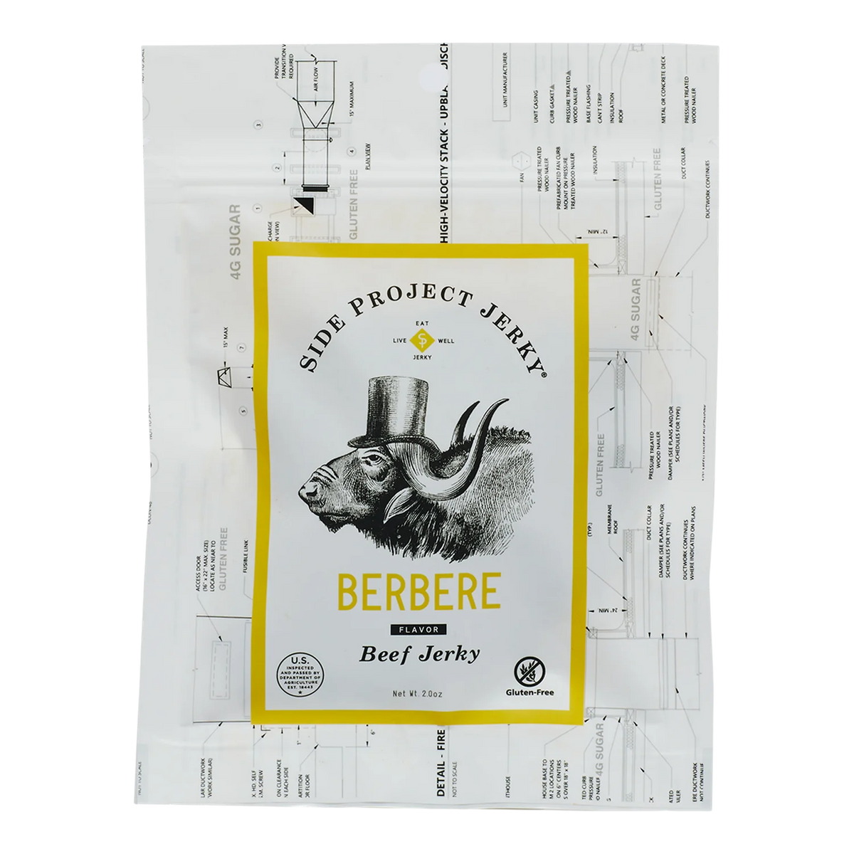 Side Project Jerky Berbere Flavor Beef Jerky bag front, yellow-bordered label, top-hat buffalo, Gluten-Free badge