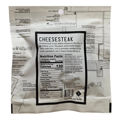 Back of Side Project Jerky Cheesesteak Flavor Beef Jerky bag with flavor blurb, Nutrition Facts, ingredients and allergens