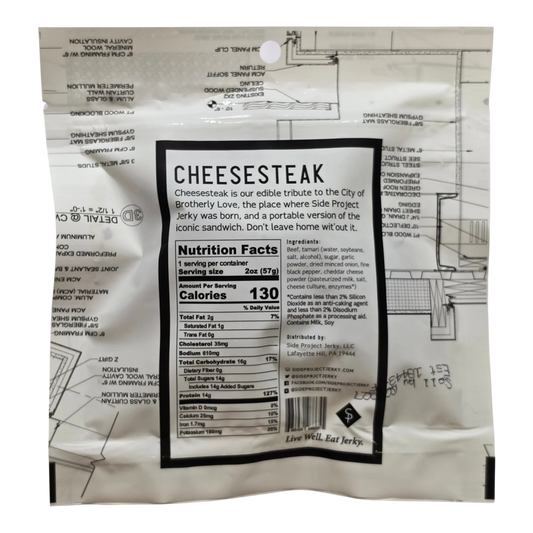 Back of Side Project Jerky Cheesesteak Flavor Beef Jerky bag with flavor blurb, Nutrition Facts, ingredients and allergens