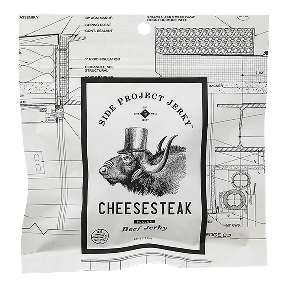 Front of Side Project Jerky Cheesesteak Flavor Beef Jerky bag: white blueprint-print pouch, bison in a top hat
