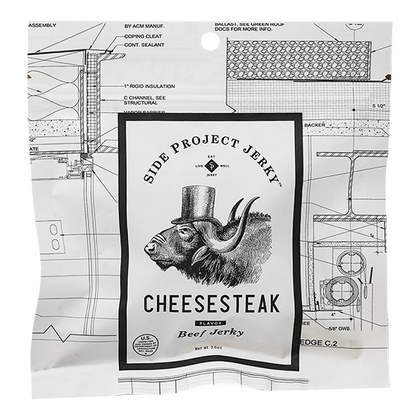 Front of Side Project Jerky Cheesesteak Flavor Beef Jerky bag: white blueprint-print pouch, bison in a top hat