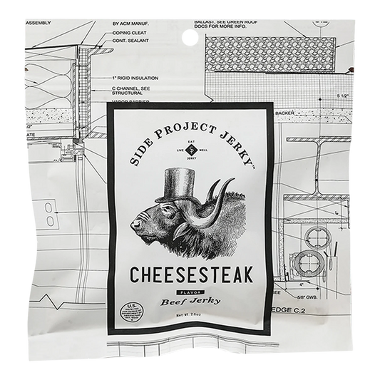 Front of Side Project Jerky Cheesesteak Flavor Beef Jerky bag: white blueprint-print pouch, bison in a top hat