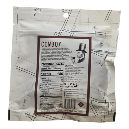 Side Project Jerky Cowboy Flavor Beef Jerky back label with flavor story, Nutrition Facts, ingredients and Gluten Free note