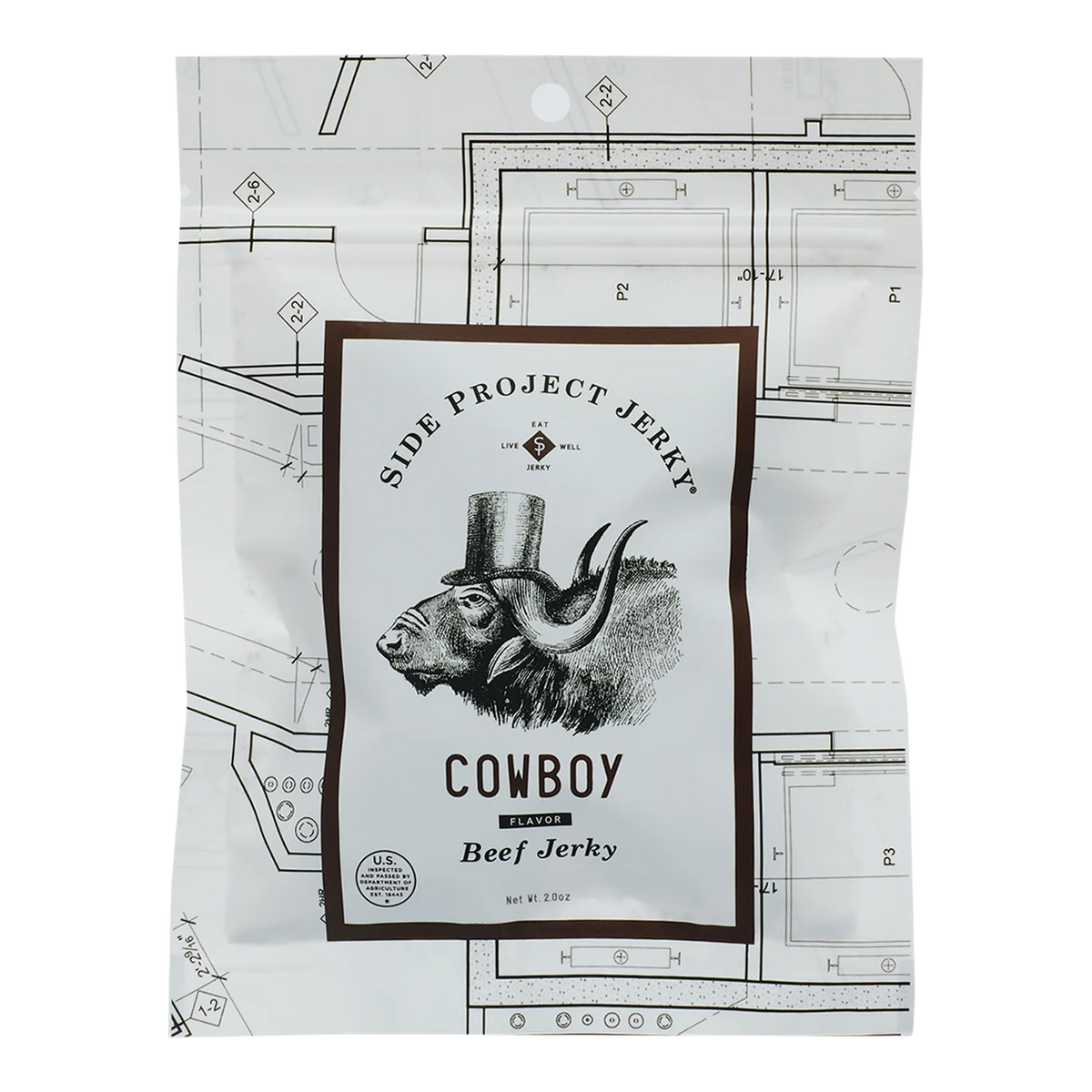 Side Project Jerky Cowboy Flavor Beef Jerky front: white blueprint-print pouch, horned steer in a top hat label