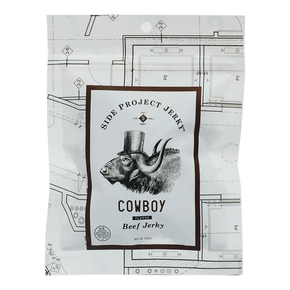 Side Project Jerky Cowboy Flavor Beef Jerky front: white blueprint-print pouch, horned steer in a top hat label