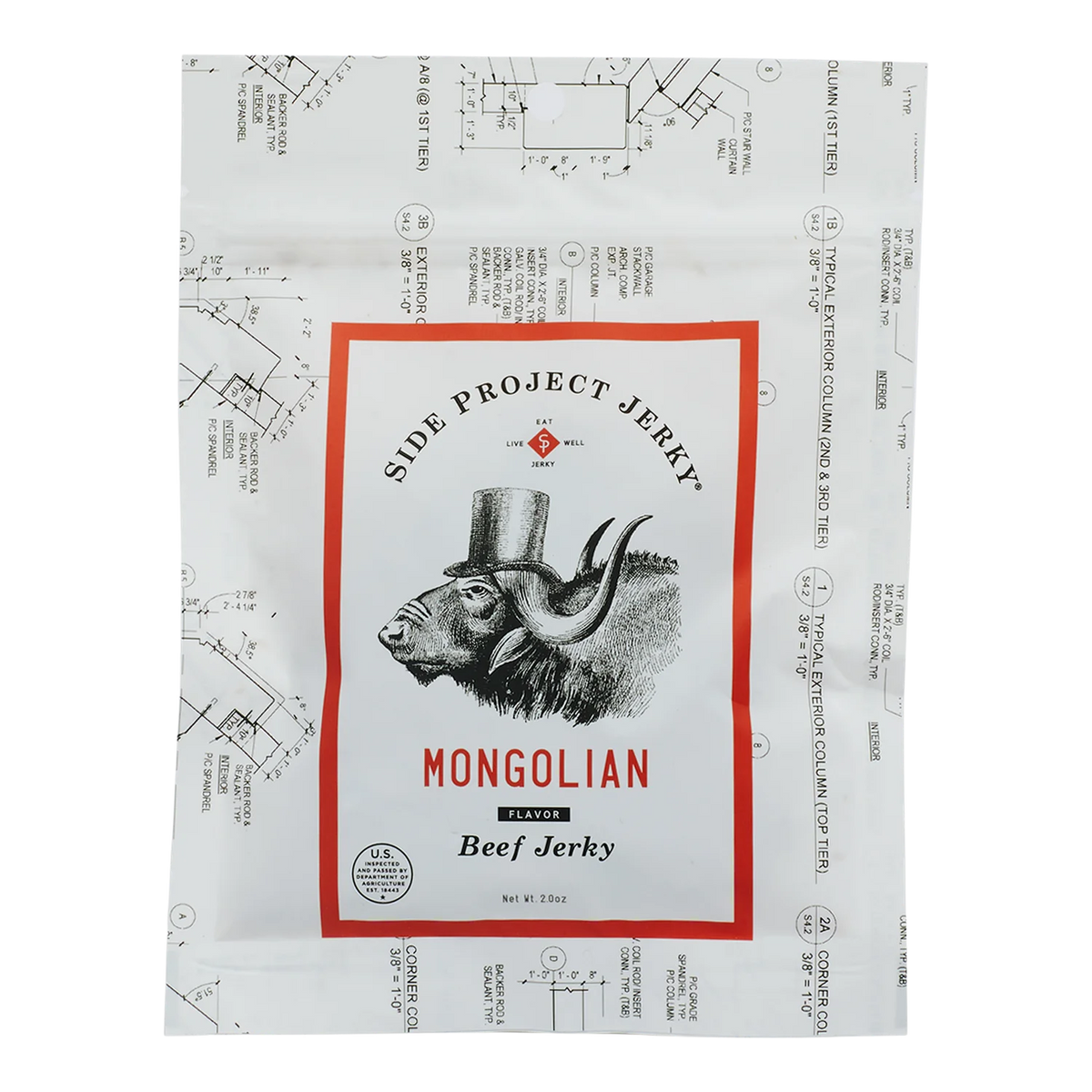 Side Project Jerky Southwestern Flavor Beef Jerky bag, front: white blueprint-print pouch, green-framed label