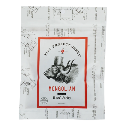 Side Project Jerky Southwestern Flavor Beef Jerky bag, front: white blueprint-print pouch, green-framed label