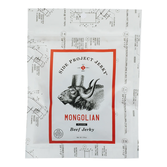 Side Project Jerky Southwestern Flavor Beef Jerky bag, front: white blueprint-print pouch, green-framed label