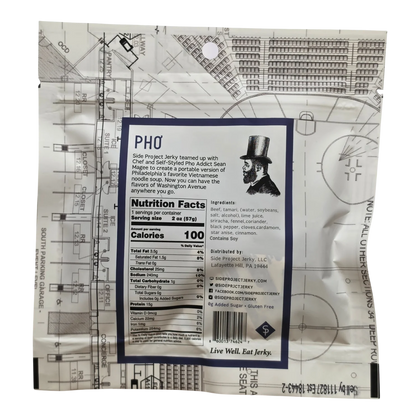 Side Project Jerky Phơ Flavor Beef Jerky back: nutrition facts, ingredients, Contains Soy, 0g added sugar, gluten free
