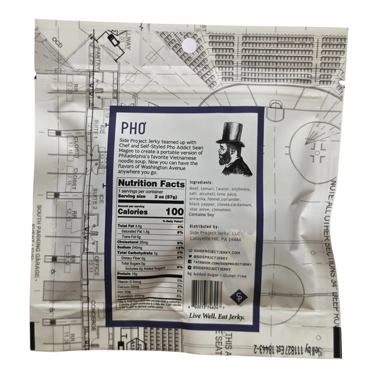 Side Project Jerky Phơ Flavor Beef Jerky back: nutrition facts, ingredients, Contains Soy, 0g added sugar, gluten free