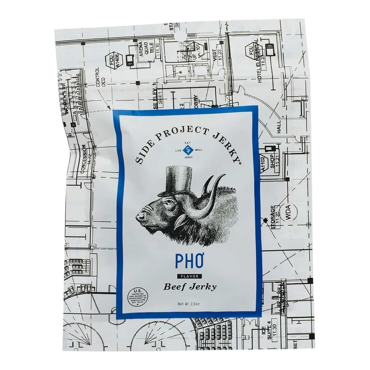 Side Project Jerky Phơ Flavor Beef Jerky front: white bag with blueprint print and a top-hatted water buffalo