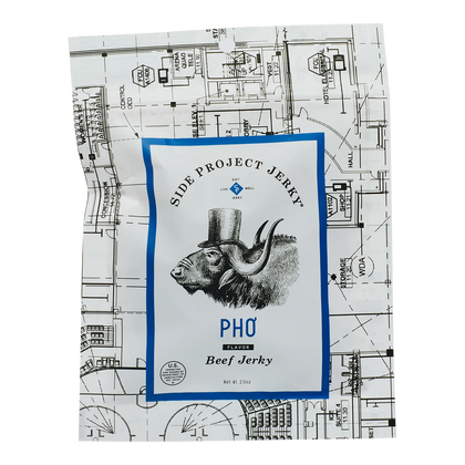 Side Project Jerky Phơ Flavor Beef Jerky front: white bag with blueprint print and a top-hatted water buffalo