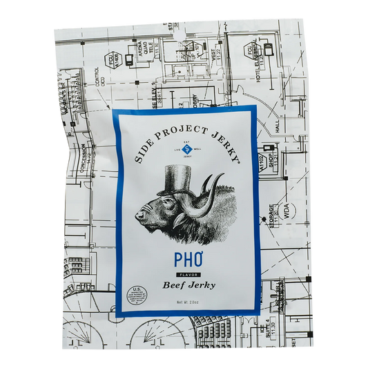 Side Project Jerky Phơ Flavor Beef Jerky front: white bag with blueprint print and a top-hatted water buffalo