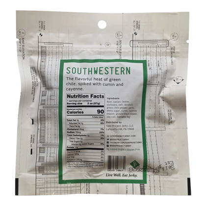 Side Project Jerky Mongolian Flavor Beef Jerky back label with ingredients, nutrition facts and Contains Soy
