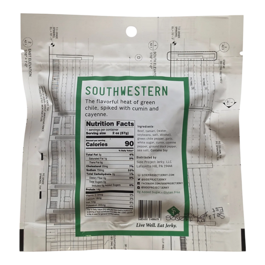 Side Project Jerky Mongolian Flavor Beef Jerky back label with ingredients, nutrition facts and Contains Soy