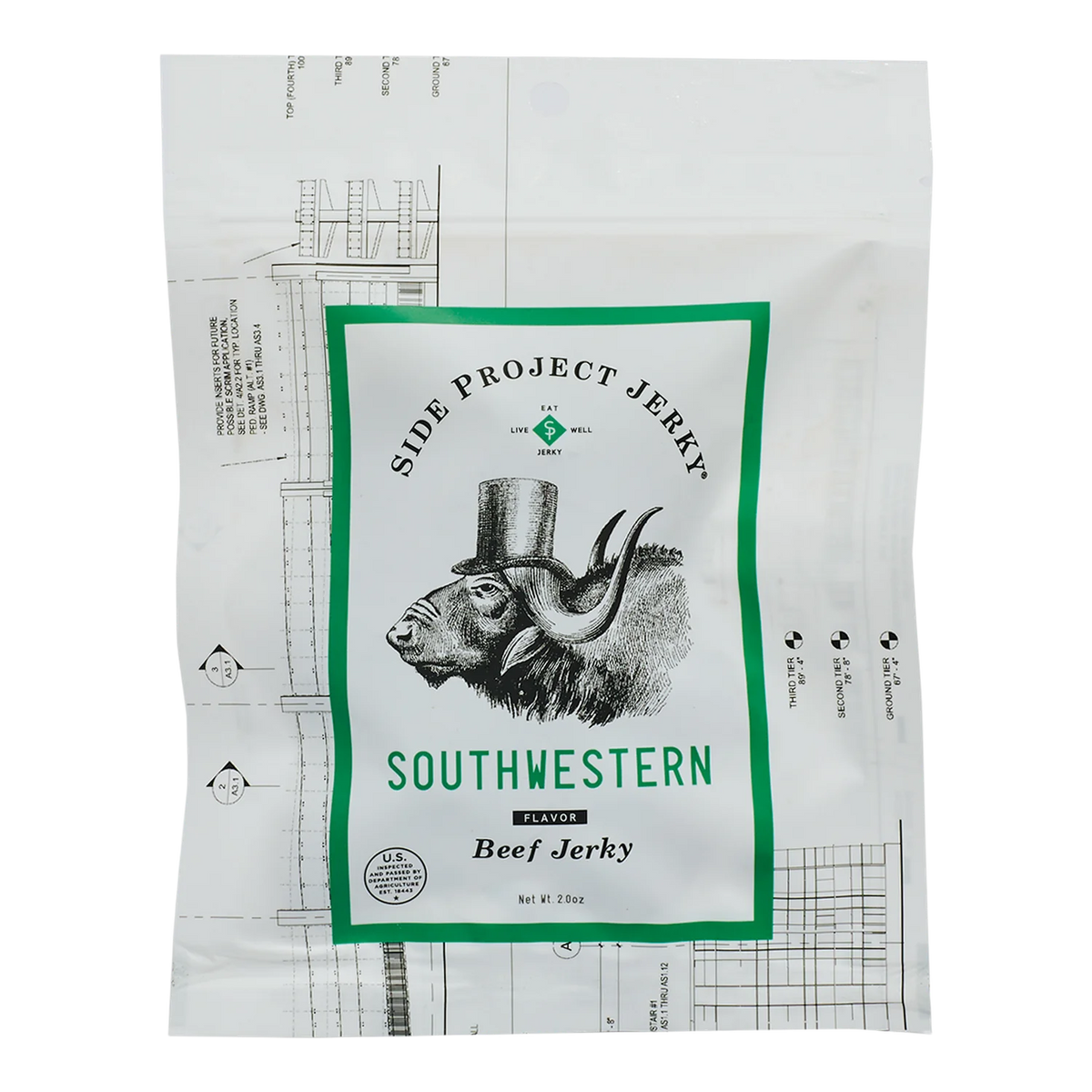 Side Project Jerky Mongolian Flavor Beef Jerky front: white pouch with a horned animal in a top hat