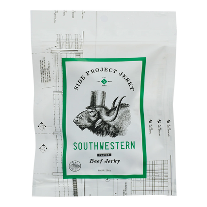 Side Project Jerky Mongolian Flavor Beef Jerky front: white pouch with a horned animal in a top hat