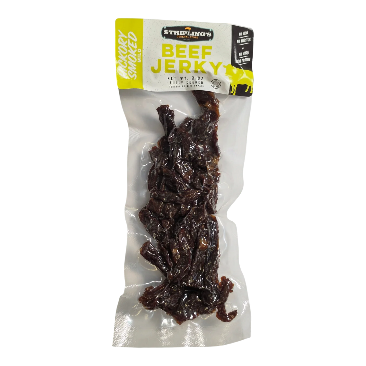 Stripling’s Hickory Smoked beef jerky front, white and yellow bag with window showing dark reddish-brown jerky strips