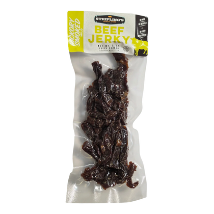 Stripling’s Hickory Smoked beef jerky front, white and yellow bag with window showing dark reddish-brown jerky strips