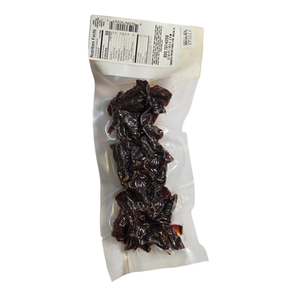 Stripling’s Sweet Heat Honey BBQ beef jerky back with Nutrition Facts, ingredient list and Moultrie, GA producer line