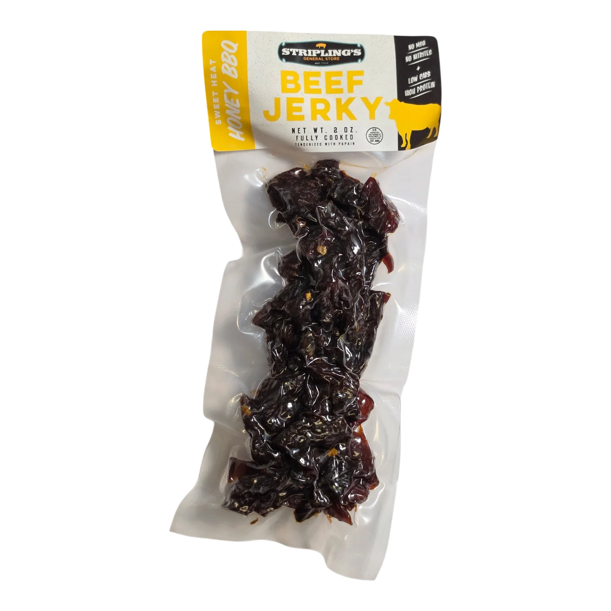 Stripling’s Sweet Heat Honey BBQ beef jerky front, clear bag showing dark reddish-brown pieces, No MSG No Nitrites badge